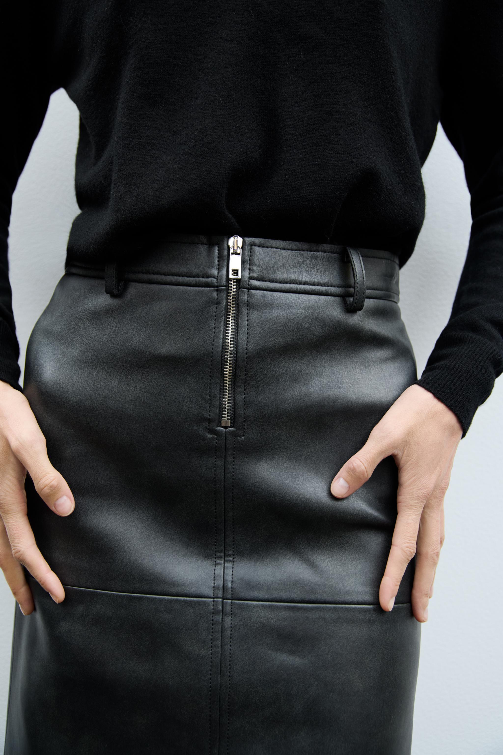 Black leather midi skirt zara best sale