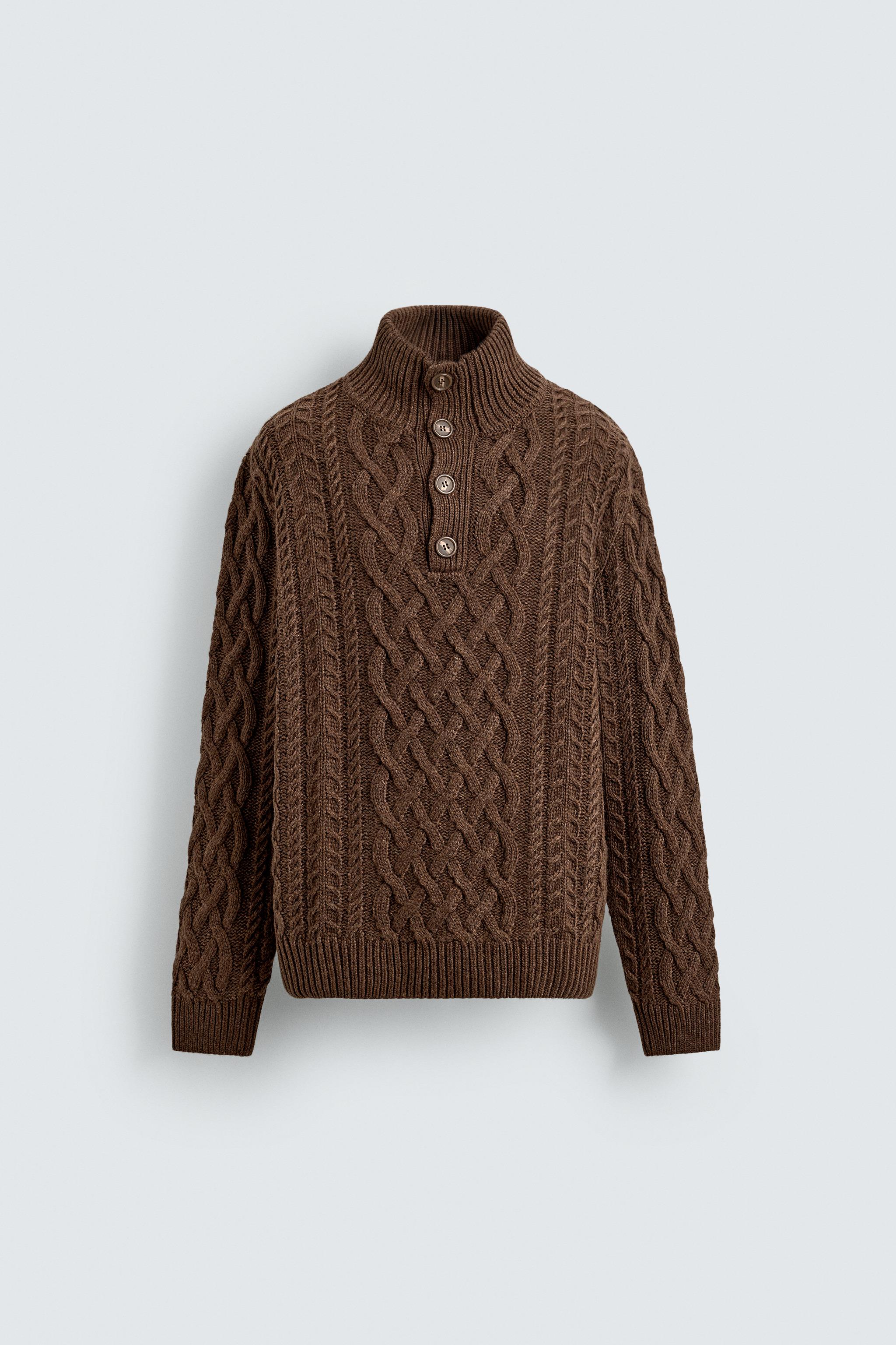 CABLE KNIT HENLEY SWEATER - Chocolate | ZARA United States