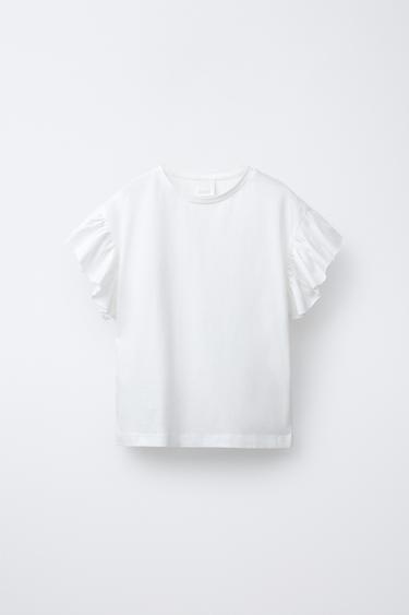 Zara RUFFLED SLEEVE T-SHIRT - Oyster-white