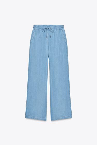 Zara 彈性腰身寬管長褲 - 淡藍色