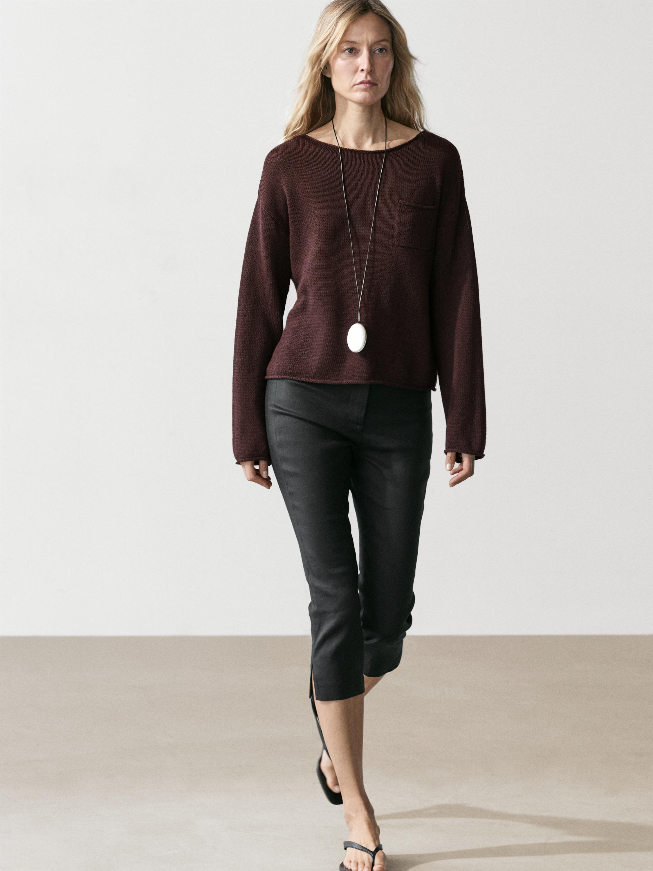 Cotton and linen knit sweater with pocket detail