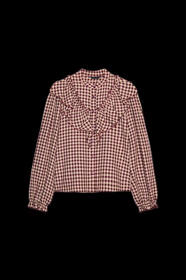 Zara PLAID RUFFLED BLOUSE - Burgundy - Image 0
