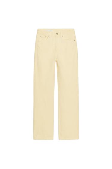 Front view of yellow trousers with a straight leg, front and back pockets, button and zip fastening.