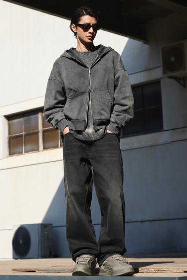 Zara 水洗拉鍊連帽運動衫 - 淺灰色