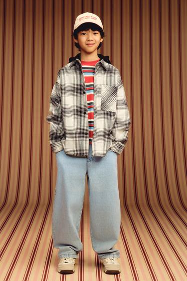 Zara 可拆式刷毛連帽格紋襯衫式外套 - 裸色