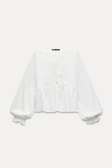 LACE INSERT SHIRT WITH TIE DETAIL - White by Zara - Image 0