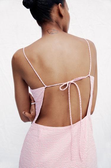 Zara GINGHAM MINI DRESS - Pink / White
