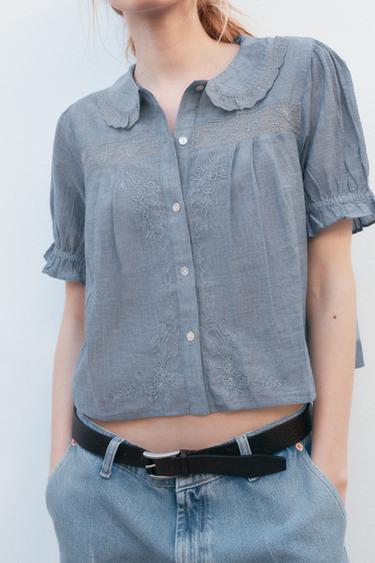 FLORAL EMBROIDERED SHIRT - Blue / Grey by Zara - Image 1