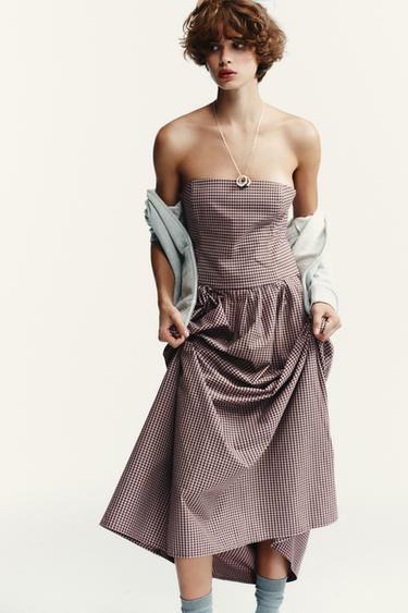 ROBE MIDI BUSTIER À CARREAUX VICHY - Rose foncé de Zara
