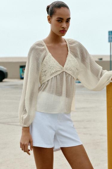 CROCHET CONTRAST BLOUSE - Ecru by Zara - Image 1