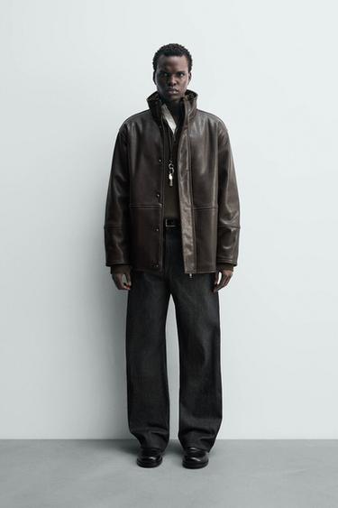 Zara 撞色人造皮革夾克 - 棕色 - 圖片 0