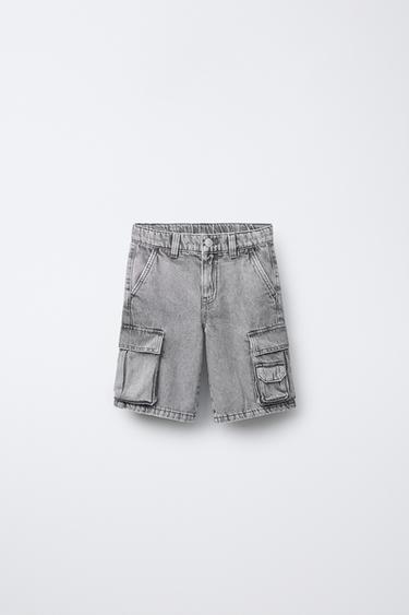 WIDE MULTI-CARGO DENIM BERMUDA SHORTS - Mid-grey by Zara