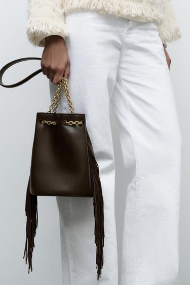 CYLINDRICAL BUCKET BAG WITH FRINGING - Brown by Zara - Image 1