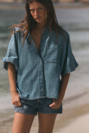 TRF SHORT SLEEVE DENIM SHIRT - Blue by Zara