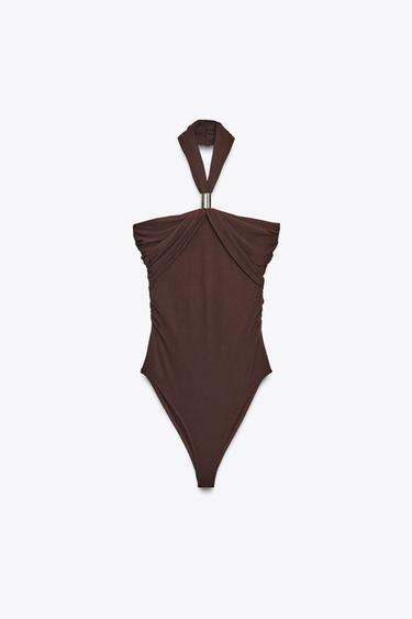 Zara HALTER POLYAMIDE BODYSUIT WITH METAL DETAIL - Dark brown - Image 0