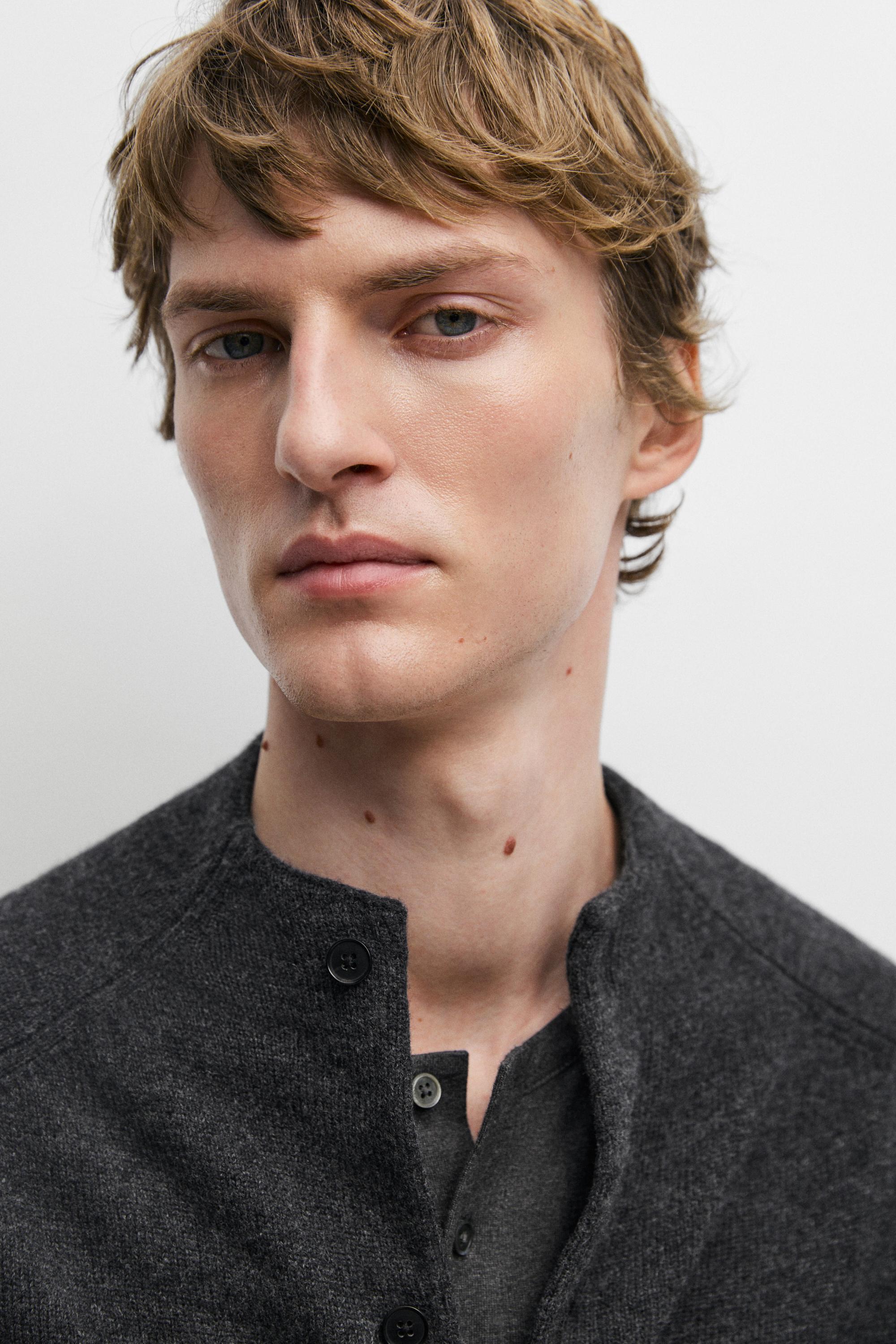 Wool blend mock neck knit cardigan