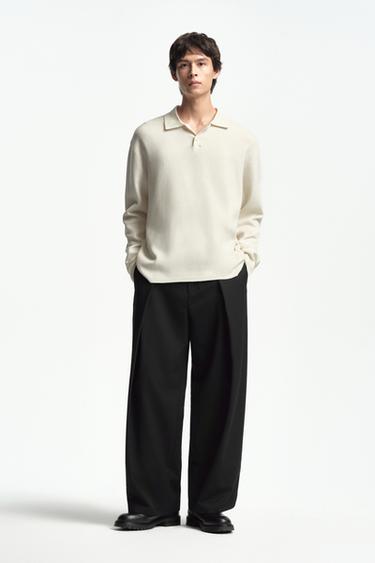 Zara 打褶細條紋長褲 - 黑色