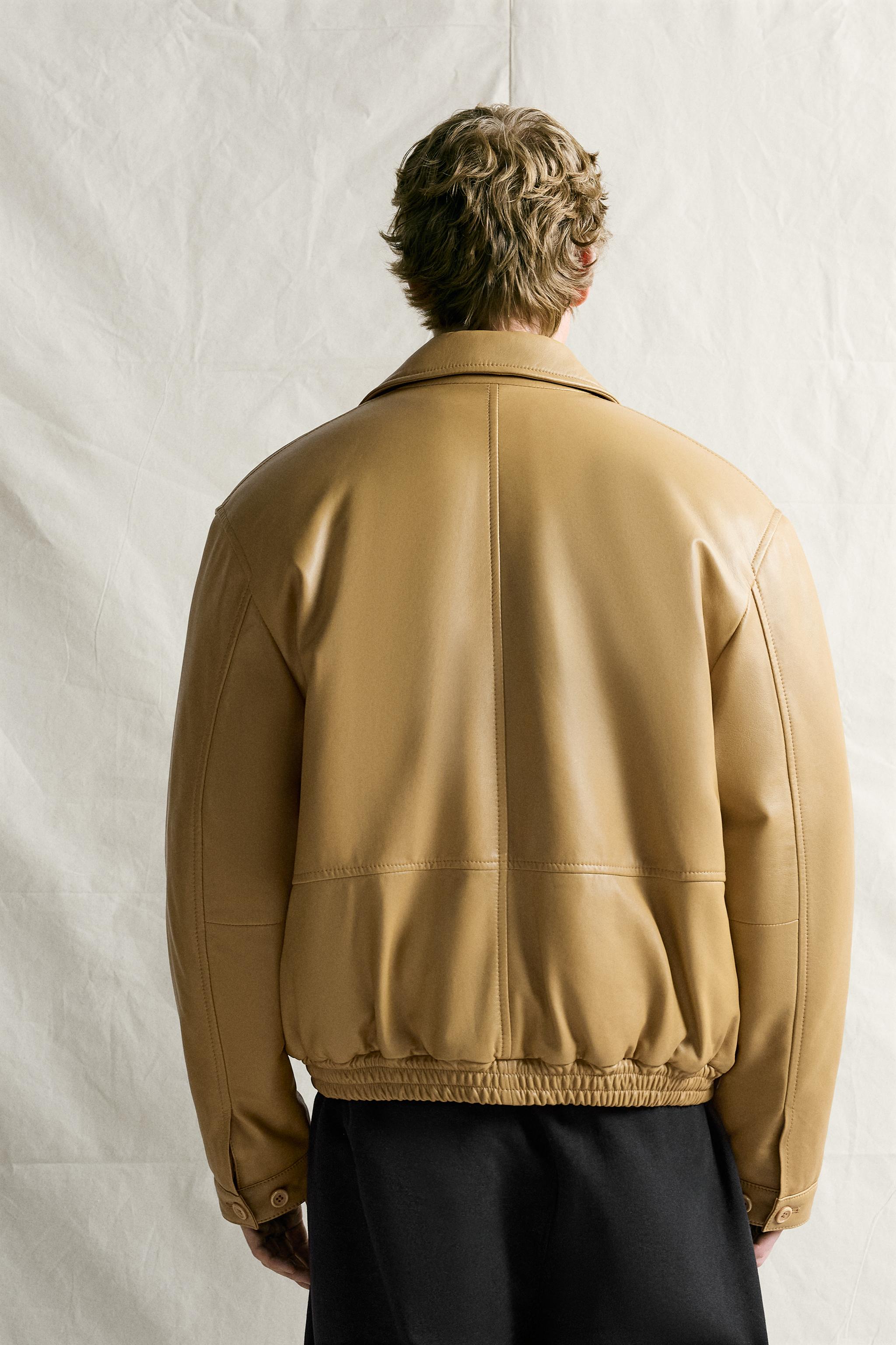 RELAXED FIT PADDED LEATHER JACKET - Ochre | ZARA Georgia
