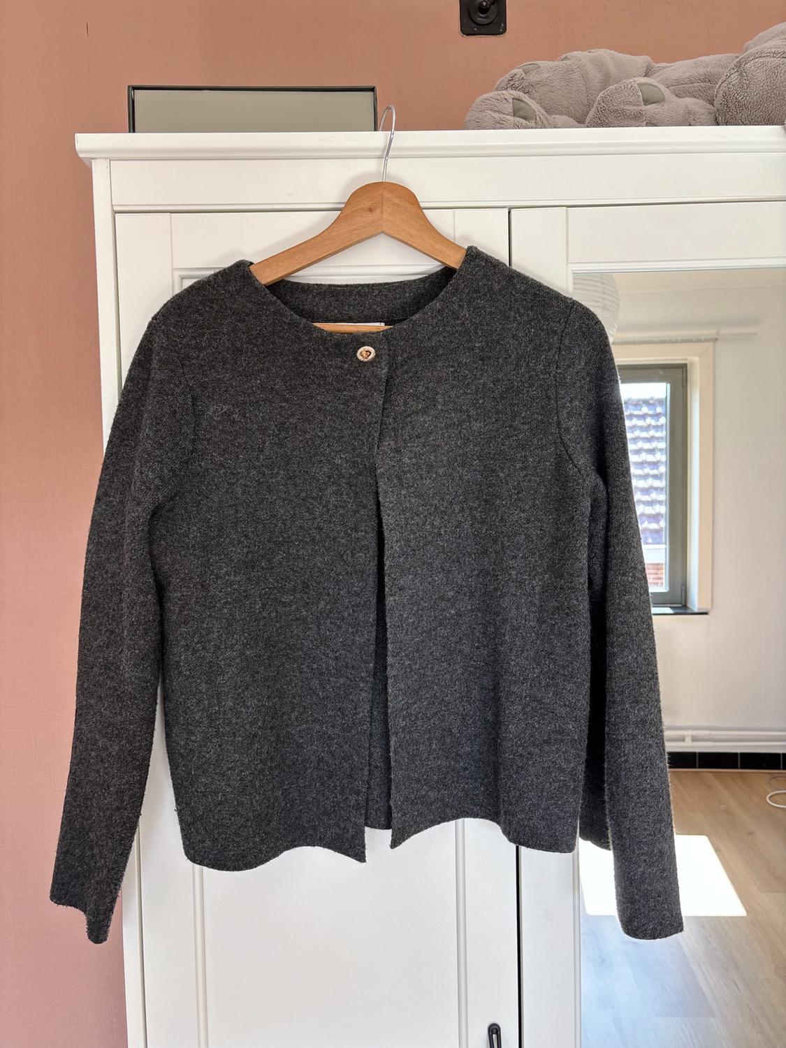 Dark grey jacket hanging on a wooden hanger above a white wardrobe against a pink wall. Casual style and relaxed atmosphere.