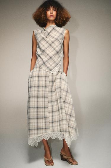 Zara LACE PLAID TOP - Ecru / Brown