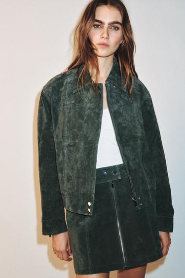 100% LEATHER SUEDE JACKET - Khaki by Zara