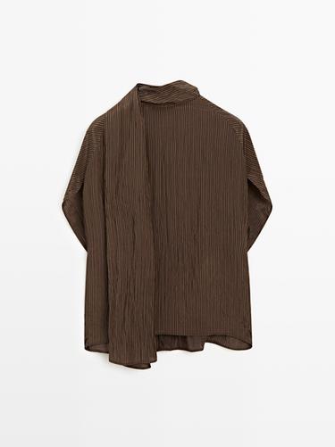 Zara Pinstripe blouse with scarf collar - Dark brown - Image 0