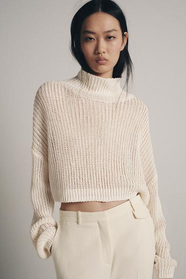 Zara CROPPED HIGH NECK JUMPER - Light ecru