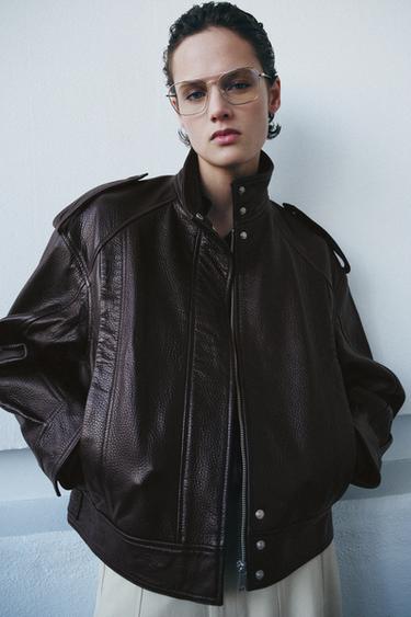 Zara 100% LEATHER BOMBER JACKET ZW COLLECTION LIMITED EDITION - Maroon