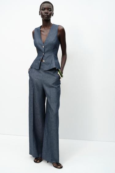 PANTALÓN ANCHO BOTONES CON LINO - Índigo claro de Zara