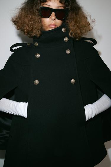 Zara WOOL BLEND CAPE WITH METAL BUTTONS ZW COLLECTION - Black