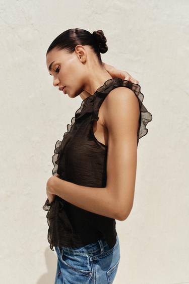 TOP SEMI-TRANSPARENT VOLANTS - Marron de Zara - Image 3