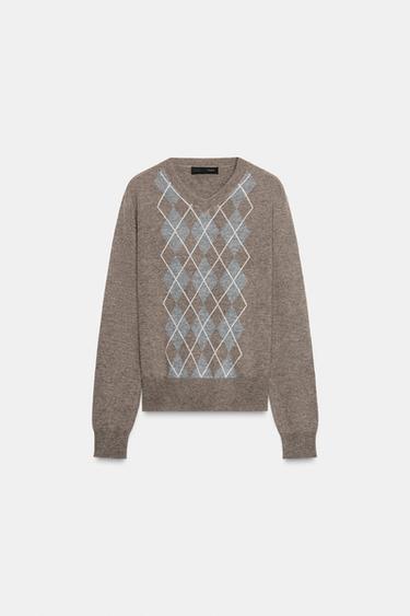 Zara DIAMOND PATTERN WOOL SWEATER - brown vigore