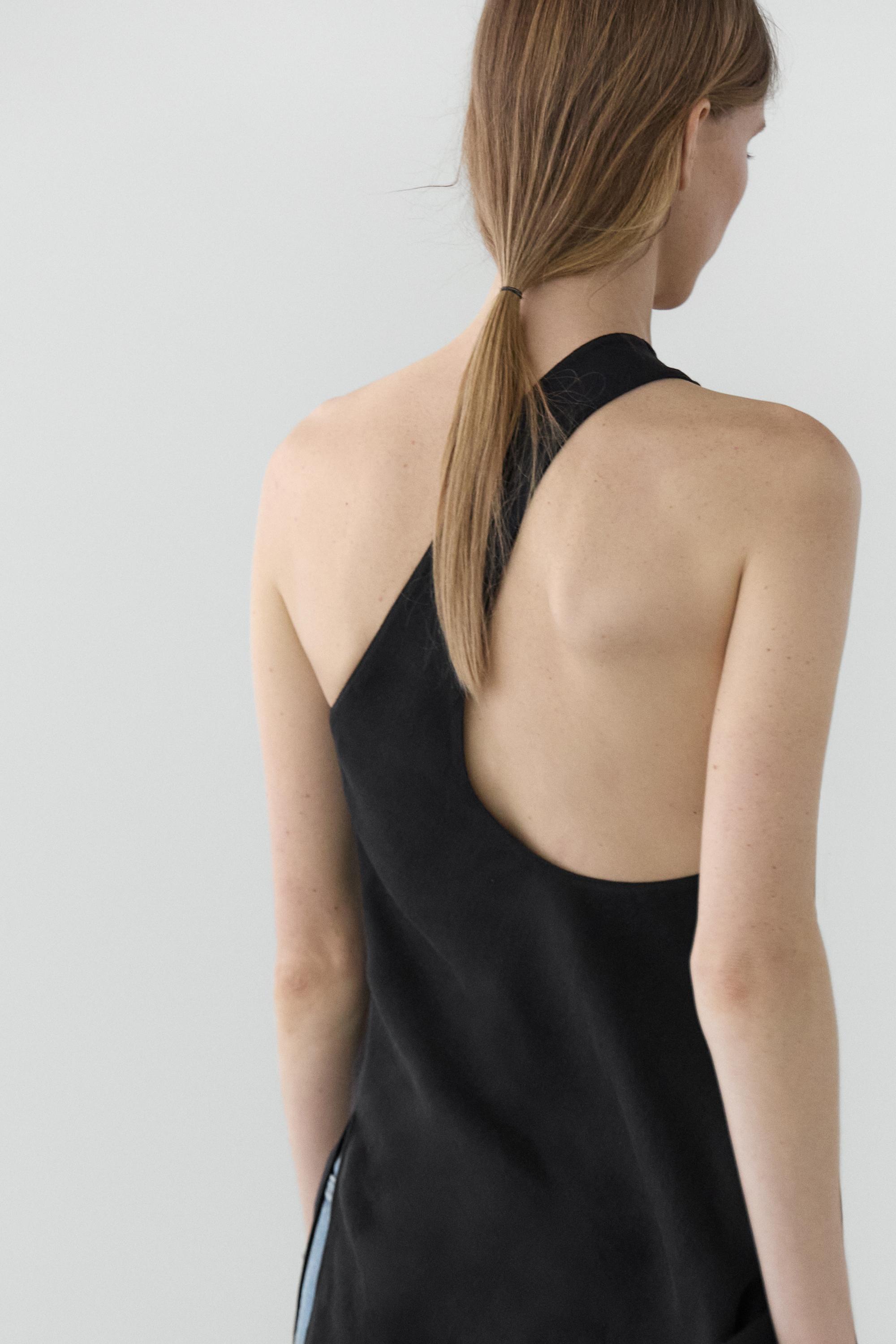 Asymmetric linen blend top with back detail