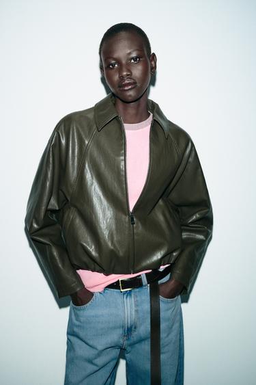 Zara FAUX LEATHER BOMBER JACKET - Khaki
