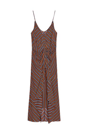 Front view of a multi-coloured slip dress with a V-neck, spaghetti straps, front ruching and an asymmetric striped hem.