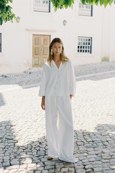 Zara WIDE LEG LINEN PANTS WITH BELT - White