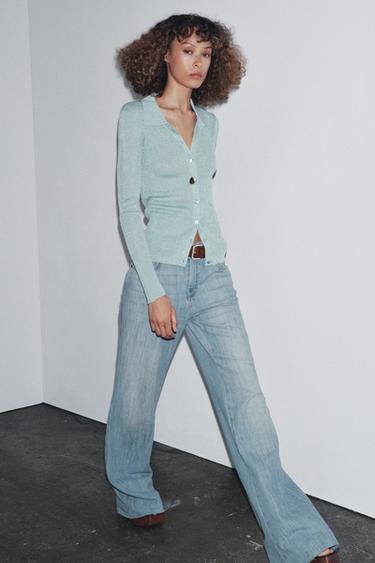 Zara METALLIC THREAD KNIT POLO SWEATER - Pastel blue
