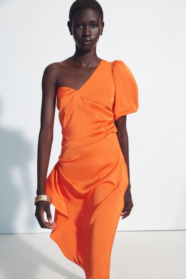 Zara ASYMMETRIC SATIN EFFECT MIDI DRESS - Orange