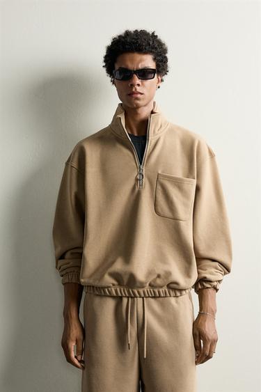 Zara QUARTER-ZIP POCKET SWEATSHIRT - taupe brown