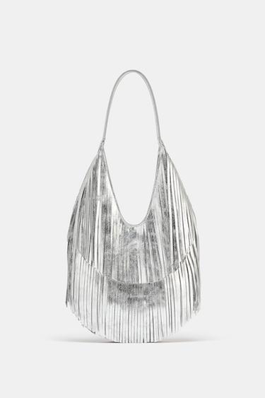 Zara FRINGED SHOPPER BAG - Silver