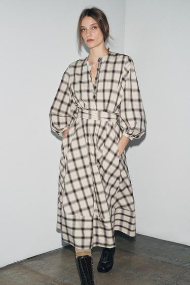 Zara Ekru / Mavi - ZARA WOMAN COLLECTION KARELİ GÖMLEK ELBİSE