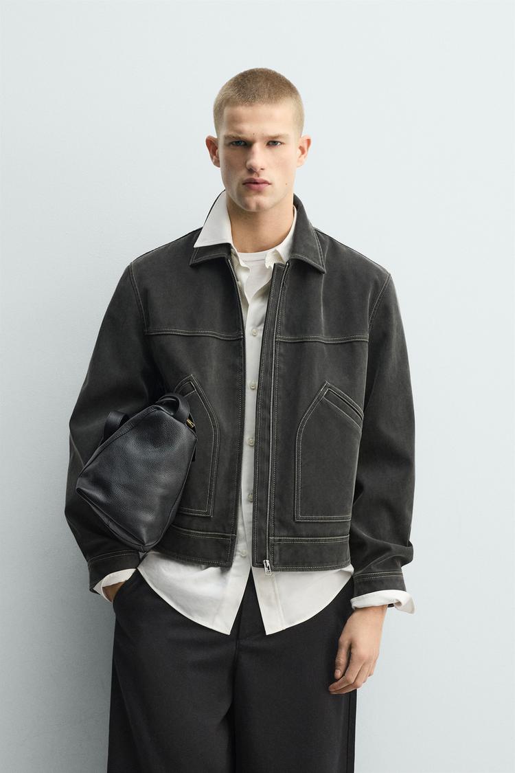 ZARA WASHED-EFFECT TOPSTITCHED JACKET