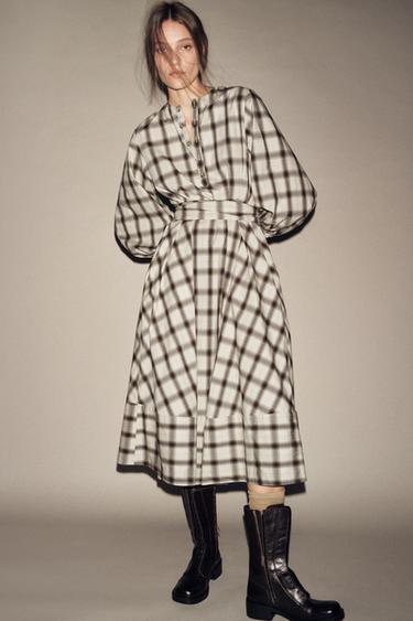 Zara ZW COLLECTION PLAID SHIRT DRESS - Ecru / Blue