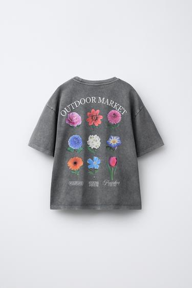 CAMISETA GARMENT DYE EFECTO LAVADO FLORES - Gris antracita de Zara