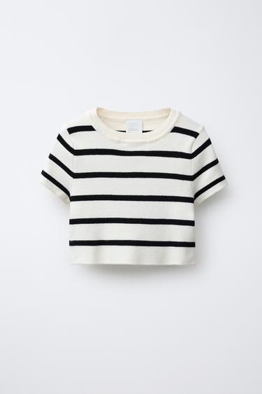 STRIPED CROPPED KNIT TOP - Black / Ecru by Zara - Image 0