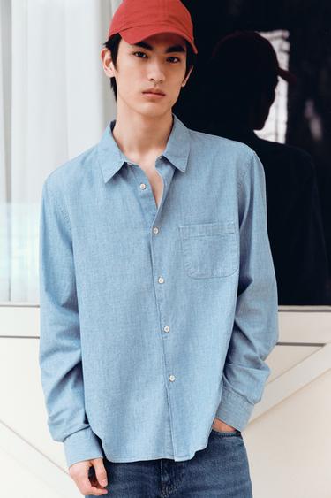 Zara 標準版錢布雷襯衫 - 淡藍色