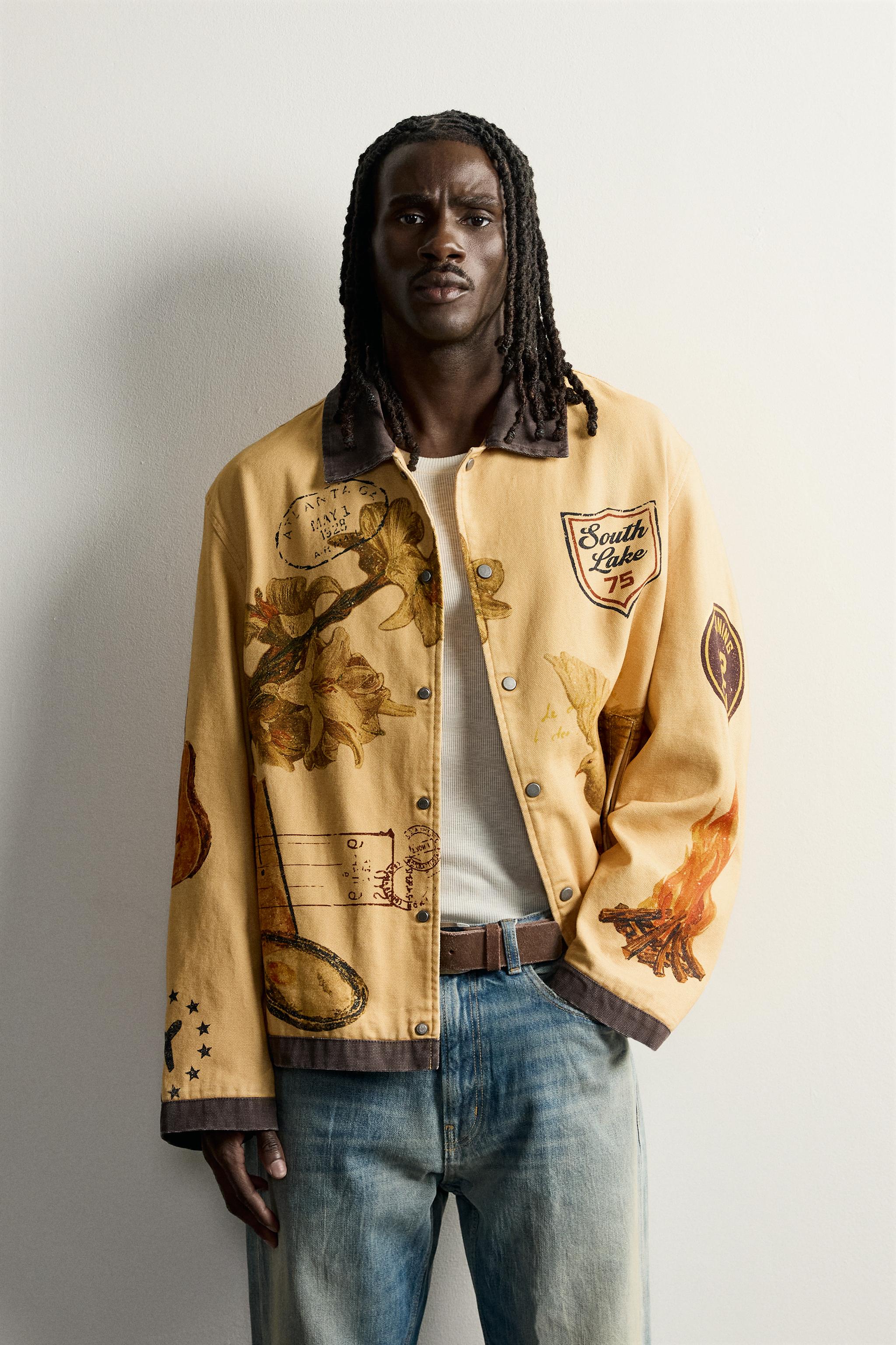 CONTRAST PRINT RELAXED-FIT JACKET — Mustard