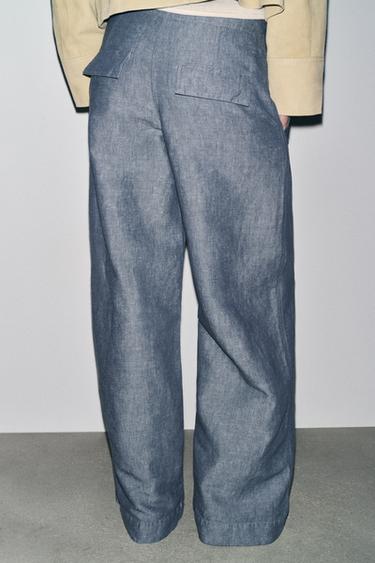 Zara 亞麻寬管長褲 ZW COLLECTION - 藍色