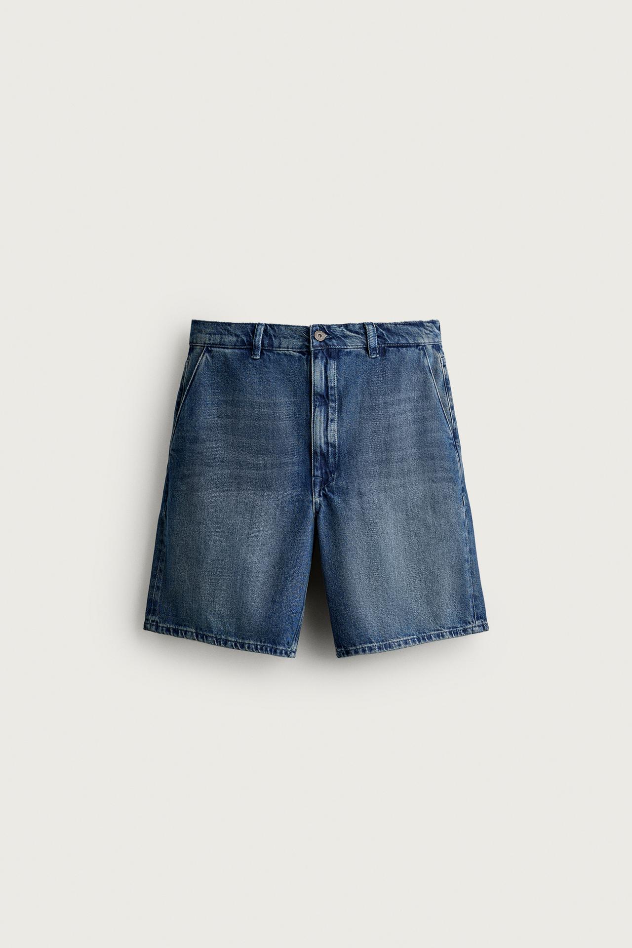 WAXED-EFFECT DENIM BERMUDA SHORTS — Mid-blue