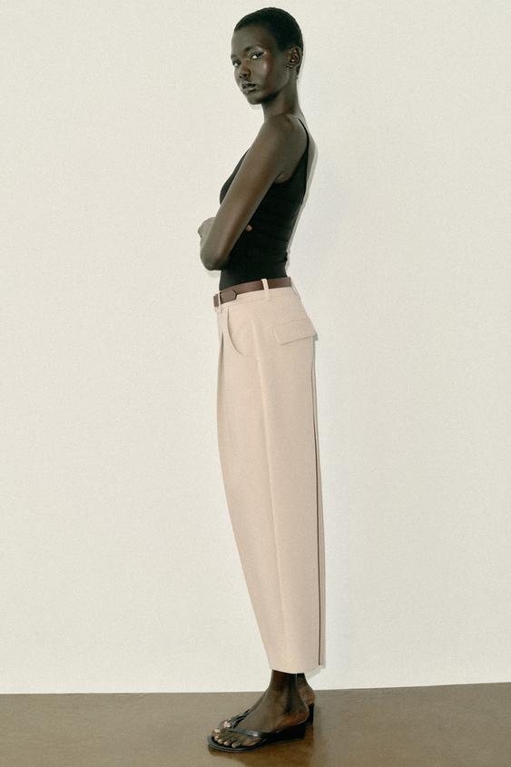 CROPPED TROUSERS WITH BELT - Light camel by Zara - Image 4